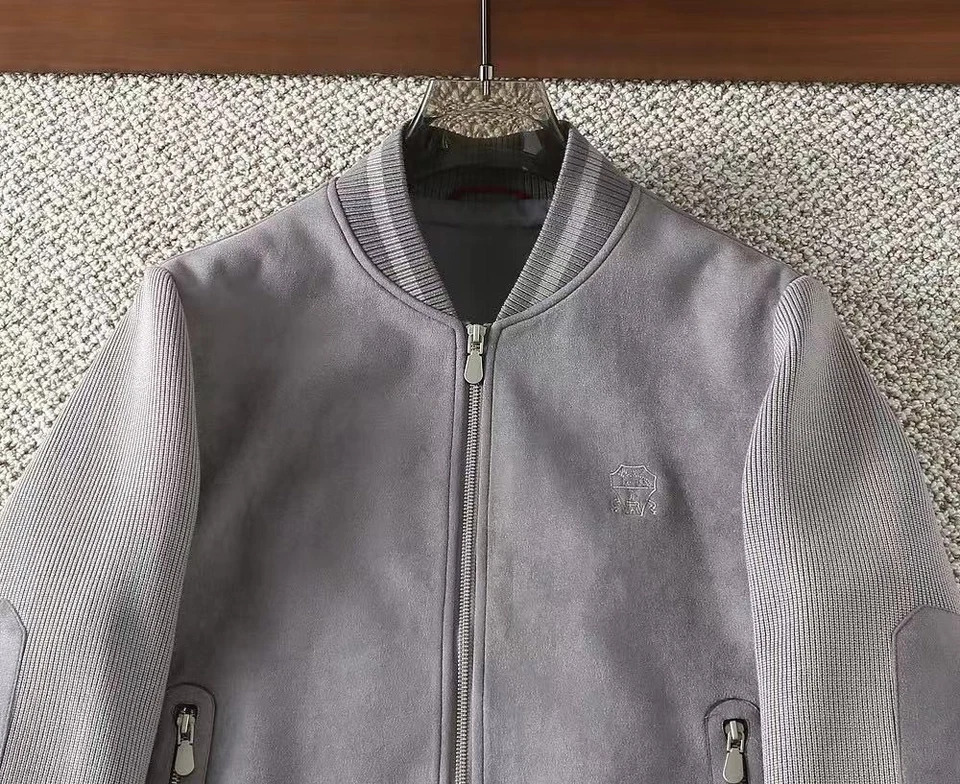 Brunello Cucinelli Para hombres Informal Cuero Tejido Cremallera Chaqueta de Béisbol Abrigo Gris Foto 4 de 4
