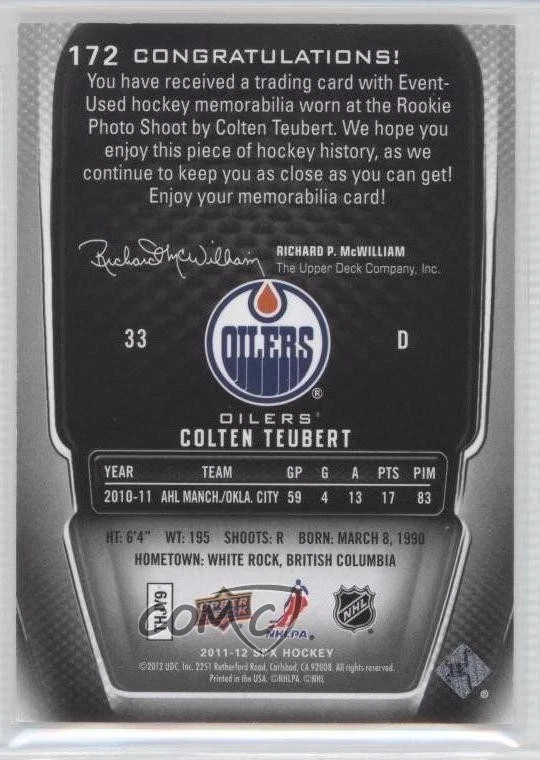 2011-12 SPx SPx Rookie Jerseys /799 Colten Teubert #172 Rookie RC - Image 2 of 2