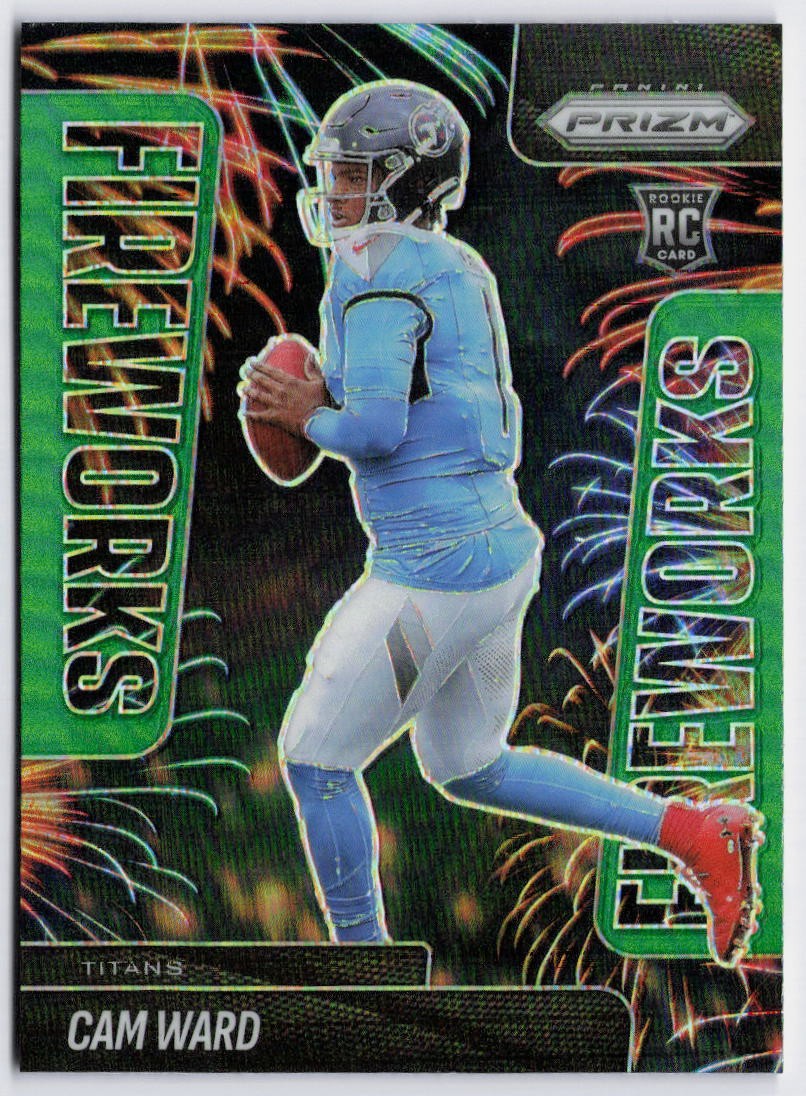 2025 Panini Prizm Fireworks Cam Ward #1 Green Ice Prizm (RC) Titans