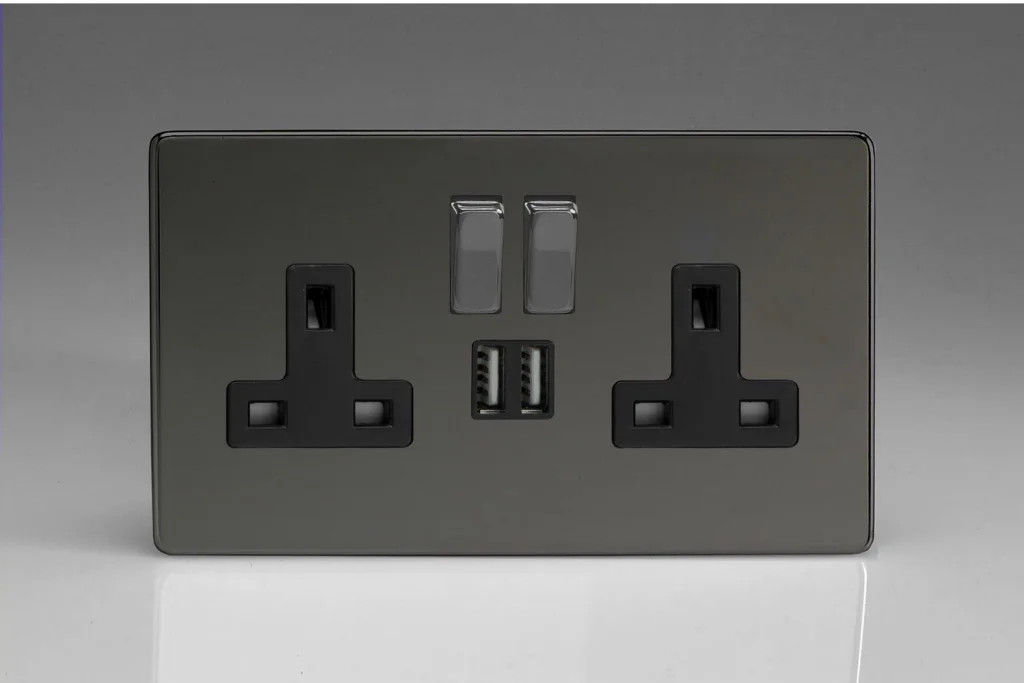 13A Socket Iridium + USB 2-Gang 1 Pole Screwless Iridium/Black Insert Varilight
