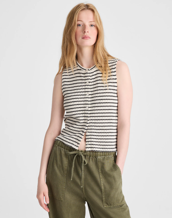 Madewell Women's Textured-Knit Button-Front Shell Top, Ivory And Black Tuck Stit