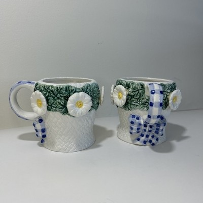 Vintage 90s Cottage Core Cracker Barrel 3D Daisy Mugs Blue Gingham Bow Ceramic