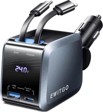 Retractable Car Charger, 72W Fast USB-C Car Adapter with 4FT Cables, 2 Ports