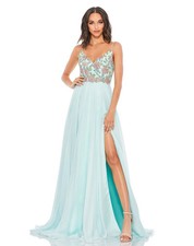 Mac Duggal Floral Embellished Aqua Blue Long Evening Gown | Size 8