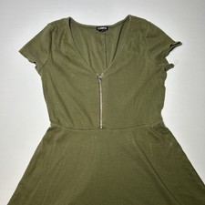 Express V Neck Zip Up Dress Skater Dress Olive Green Size Small Zipper Mid