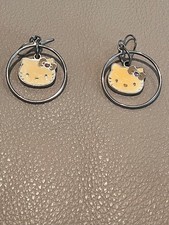 Vintage Hello Kitty Face in Circle Dangle Earrings - Silver tone enamel Sanrio