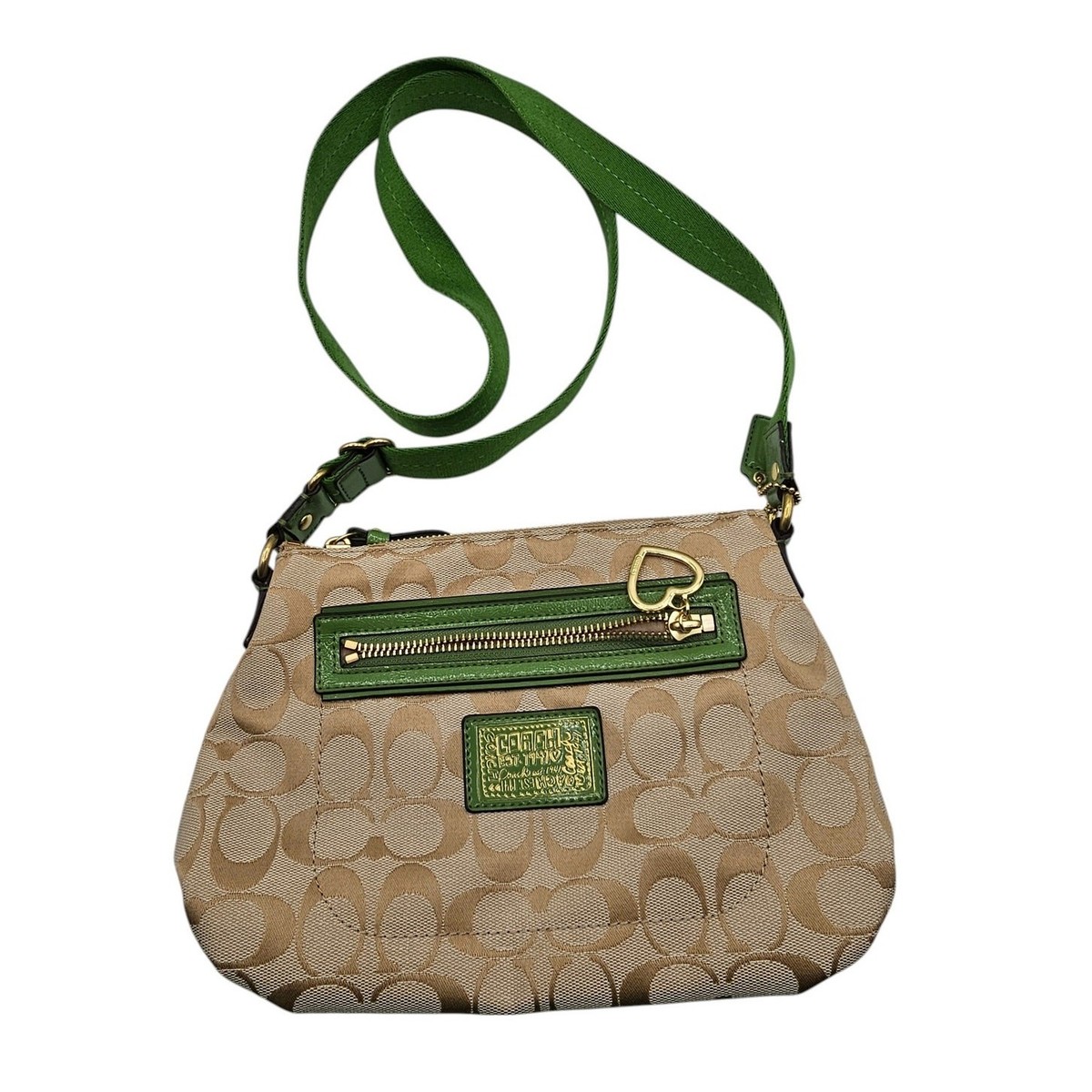 Vtg Y2K Coach Poppy Signature Canvas Heart Zipper Beige Green