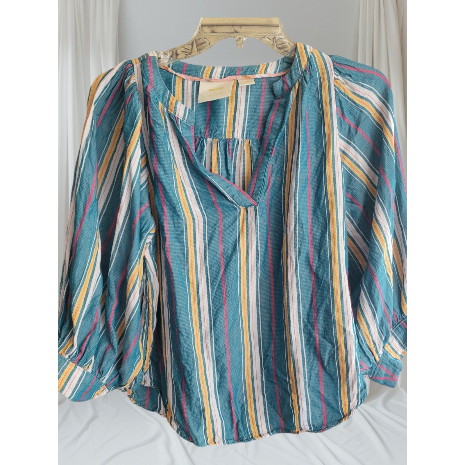 Maeve Women Blouse Size XSmall Multicolored striped Balloon Sleeves V neck
