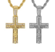 Jesus Iced Body Cross Crucifix Cubic Zirconia Pendant  24" Rope Chain Necklace