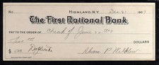 7A129 - 1907 THE FIRST NATIONAL BANK - HIGHLAND, NEW YORK