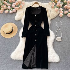 Women French Imitation Velvet Dress Maxi V-Neck Dress Button On Party Long Dress