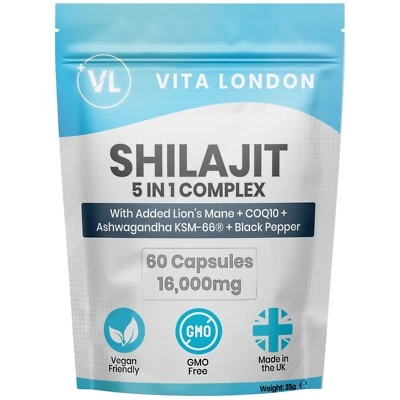 VITA LONDON Shilajit 16,000mg Resin + Lions Mane + Ashwagandha + CoQ10 60 Caps (Not Gummies)