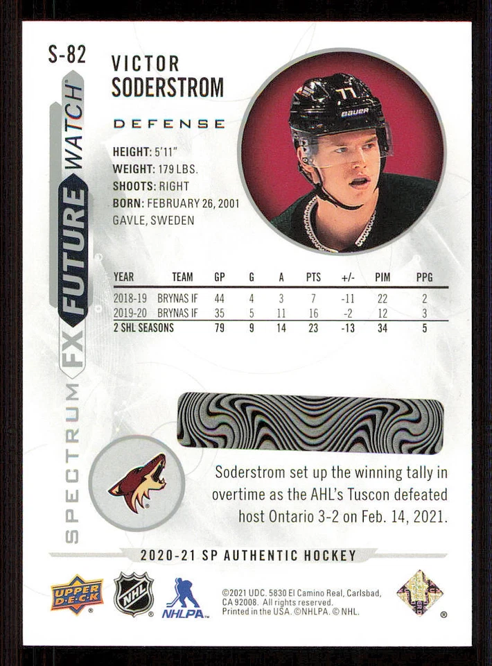 2020-21 SP Authentic Spectrum FX #S82 Victor Soderstrom - Image 2 of 2