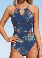 CUPSHE Blue Tropical Floral One Piece Swimsuit Tummy Control NWT Size XL