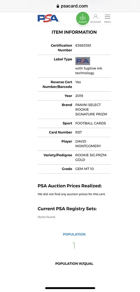 2019 Panini Select David Montgomery RC Gold Checkerboard Prizm Auto /10 PSA 10 - Image 3 of 3