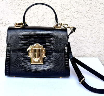 La Festin Black Croc Embossed Leather Top Handle Crossbody Bag Flap w/Bee Buckle