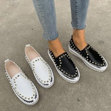 Womens Trendy Stylish Metallic Trim Platform Wedge Riveted Loafers