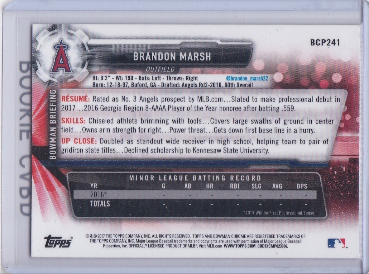 BRANDON MARSH ROOKIE CARD 2017 Bowman Chrome Baseball LOS BRANDON MARSH ROOKIE CARD 2017 Bowman Chrome Baseball LOS