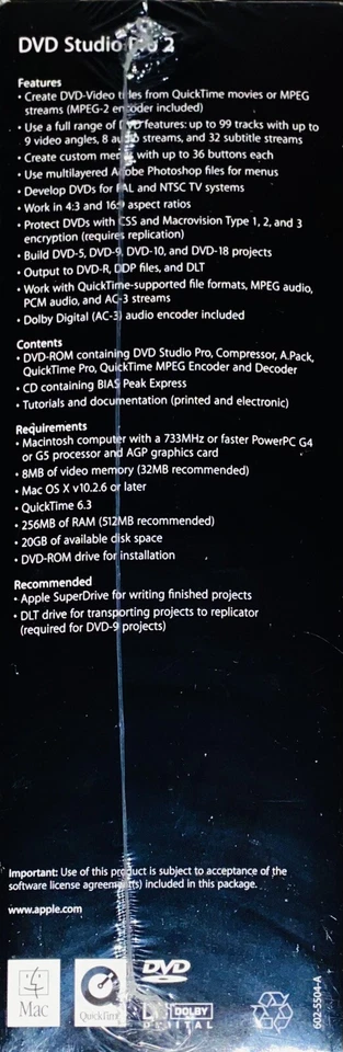 Apple DVD Studio Pro 2 Academic Single User Version Professional MAC SEALED 2003 - Image 3 of 4