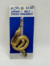 Vintage Le Chic Zipper Belt Ornament Accessory Snake Gold Tone Dress