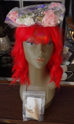FAIRY, ELF, FLOWER WREATH HEADBAND, RED WAVY BANG WIG & ELF EARS