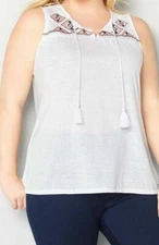 $40 women's AVENUE blouse EMBROIDERED tank w linen 2X 18/20 top white tassel tie