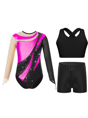 Kids Girls Long Sleeve Leotard Dance Bodysuit Crop Tops Vest with Shorts Set - Picture 68 of 80