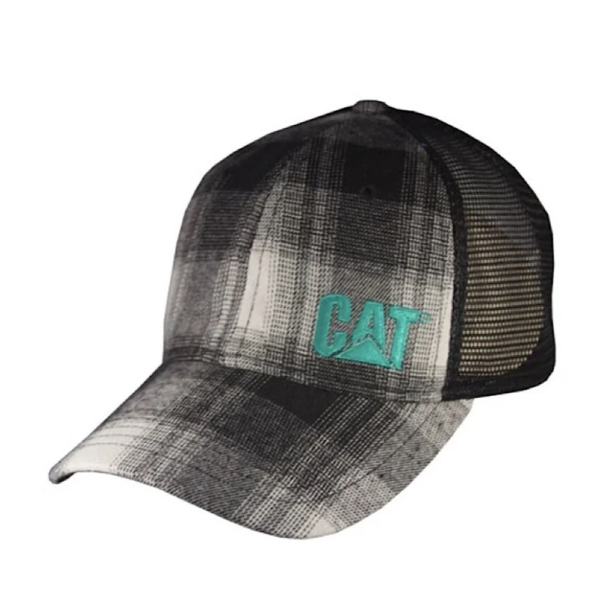 Caterpillar Heavy Black Buffalo Plaid Flannel Hat With Black Mesh Teal Logo Cat