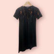 Zara - Size Small - Asymmetrical Black Faux Leather Shirt Dress Orange Splatter