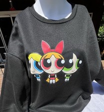 Powerpuff Girls. Black Cotton Fleece Crewneck Pullover. 1990  s. Size XL.