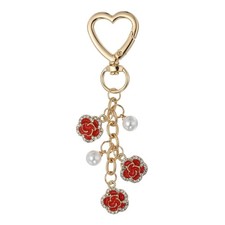 Heart Pearl Flower Keychain Elegant Gold Purse Charms, Gold/Red