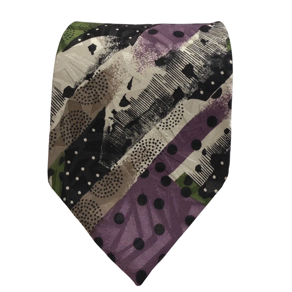 Corbata de seda geométrica abstracta Smith negra vintage púrpura verde negro lunares Foto 2 de 4