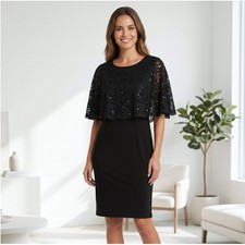 Jessica Howard Sheath Dress 6 Black Lace Sequin Capelet Overlay Cocktail Formal