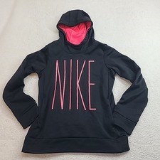Nike Dri Fit Therma Hoodie Black Pink Fleece Spell Out Youth Girls L Pockets