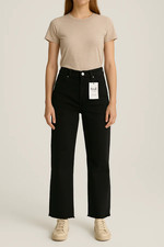 Women  s High Waist Straight Leg Jeans Black Classic Denim Frayed Hem