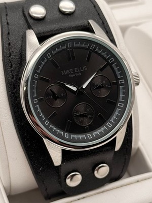 Mike Ellis Herrenuhr Quarz Multifunktion Breite Lederarmband Schwarz Mit Box