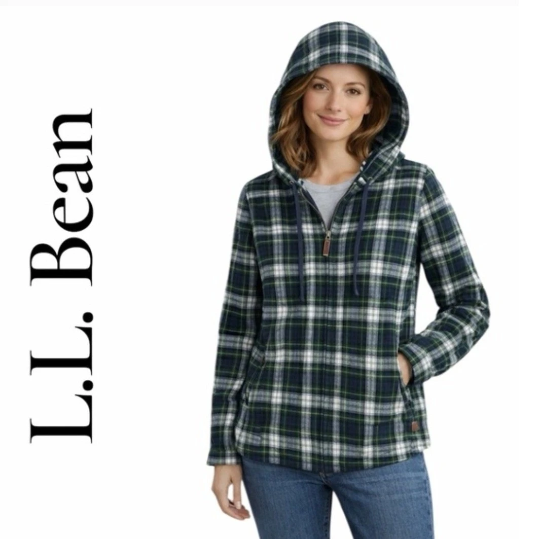 LL Bean Flannel Hoodie Full Zip Plaid Green Navy Relaxed Fit Sz L
Opens in a new window or tab