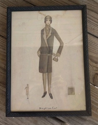 Vintage Early 20th C. Watercolor Fashion Painting Titled ''Straight Line Coat''