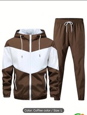 Colorblock Coffee White Tracksuit Set Hoodie  Pants Hooded Men Size L