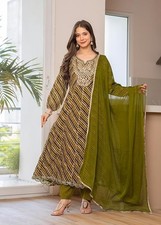 Women Designer Anarkali Green Embroidered Kurta, Pants  Dupatta, 3 Piece Dress