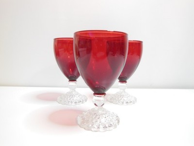 3 VINTAGE ANCHOR HOCKING RUBY BUBBLE FOOT JUICE/WINE GLASSES 4 1/8''