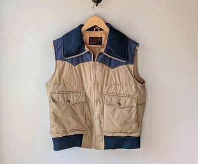 Vintage St. Moritz Men's 70s Tan and Blue Retro Down Puffer Vest Medium READ