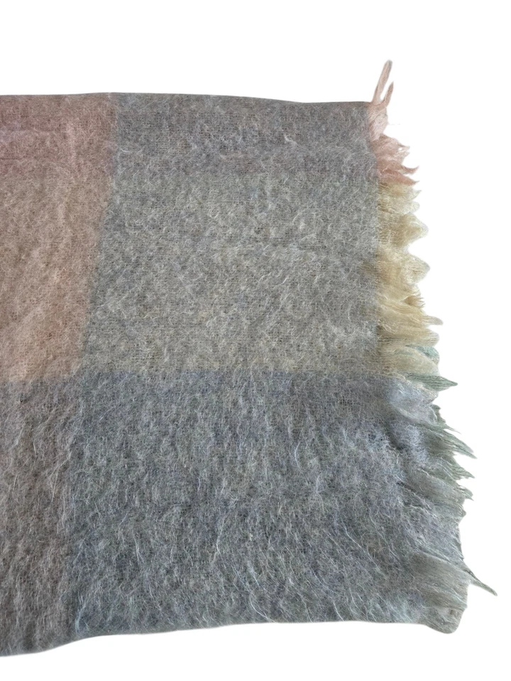 Avoca Mills Mohair Wool Blend Throw Made in Ireland Plaid Fringe Blue Pink 54x64 - Image 3 of 4