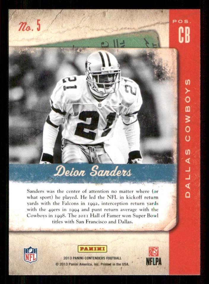 2013 Panini Contenders Legendary Contenders #5 Deion Sanders - Image 2 of 2