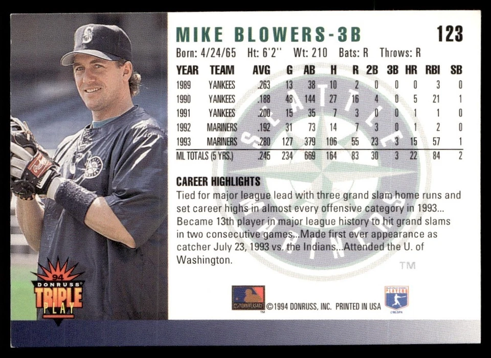 1994 Donruss Triple Play Mike Blowers Seattle Mariners #123 - Image 2 of 2