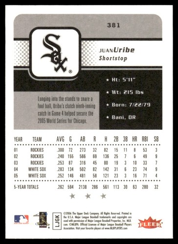 2006 Fleer Juan Uribe Chicago White Sox #381 - Picture 2 of 2