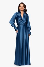 Xscape Size 16 Ocean Blue Satin Long Sleeve Formal Gown Maxi Dress NWT GALA MOB