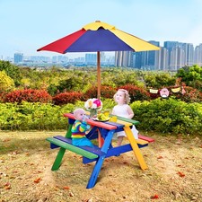 Children's Solid Wood Picnic Table Set with Colorful Umbrella 4 Seat Garden