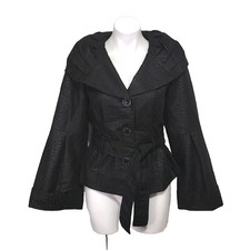 Spanner Womens Black Textured Button Up Wide Collar Formal Wear Belted Coat Us 4