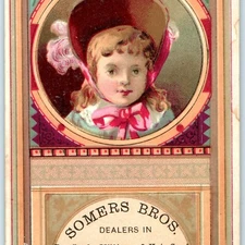 1881 Willimantic, CT Somer Bros Cute Bonnet Girl Geo Hayes Trade Card Store C28